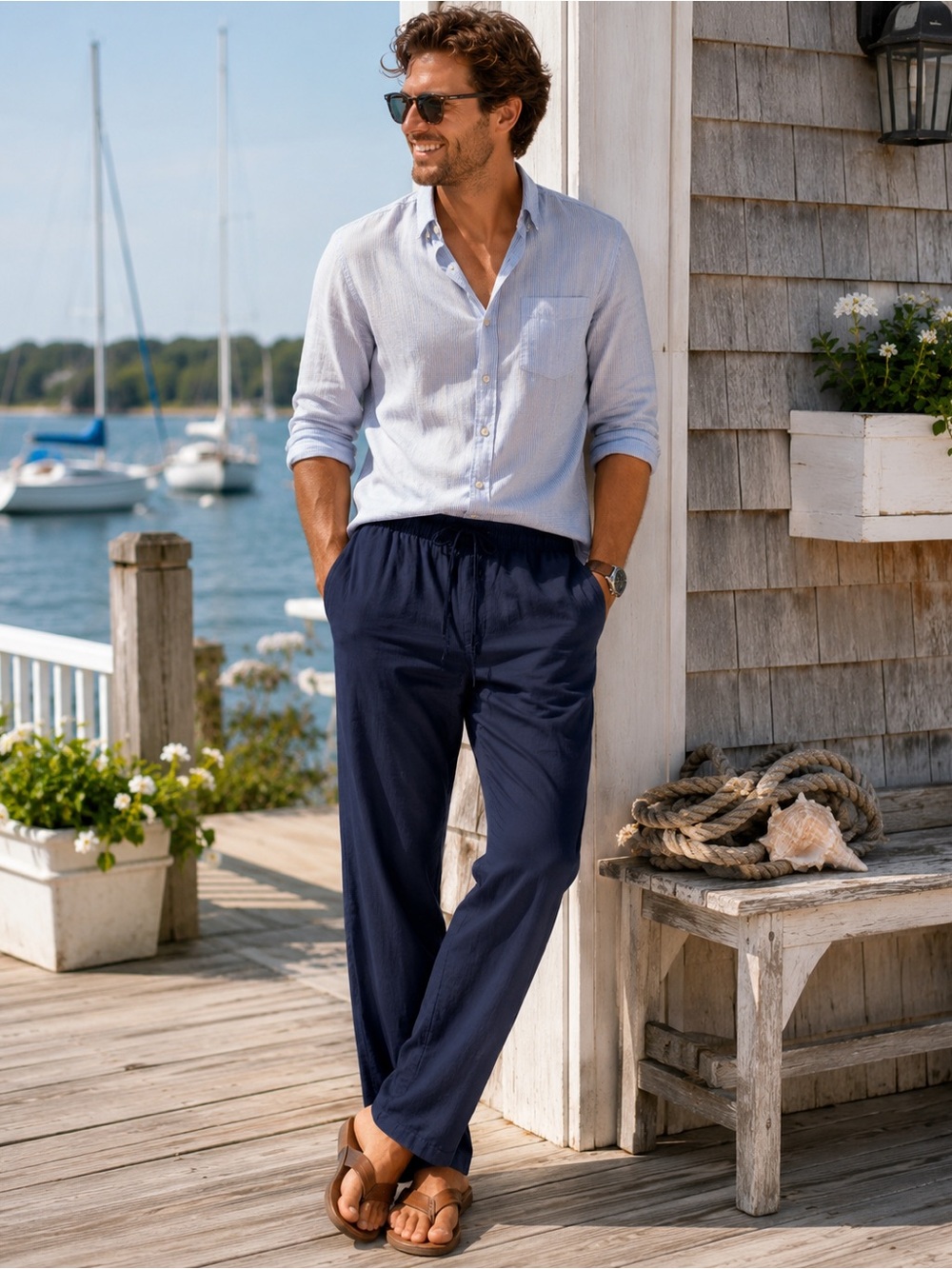 Magaschoni Man Linen Blend Drawstring Pants L Navy Resort Beach Casual NWT